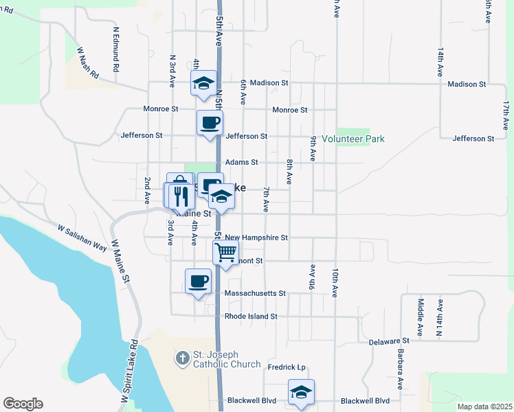 map of restaurants, bars, coffee shops, grocery stores, and more near 5937 Maine Street in Spirit Lake