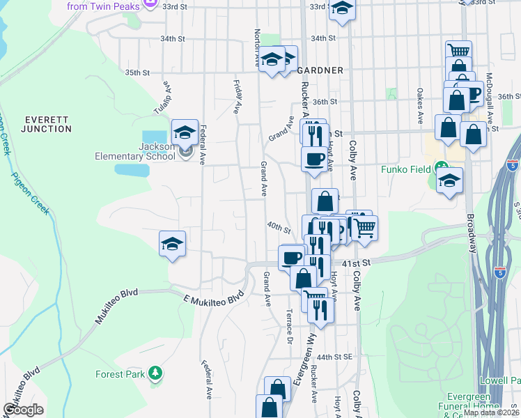map of restaurants, bars, coffee shops, grocery stores, and more near 3912 Grand Avenue in Everett