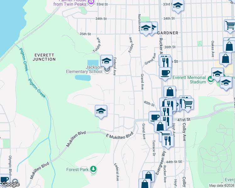 map of restaurants, bars, coffee shops, grocery stores, and more near 3909 Federal Avenue in Everett
