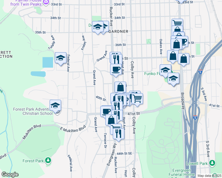 map of restaurants, bars, coffee shops, grocery stores, and more near 3906 Rucker Avenue in Everett