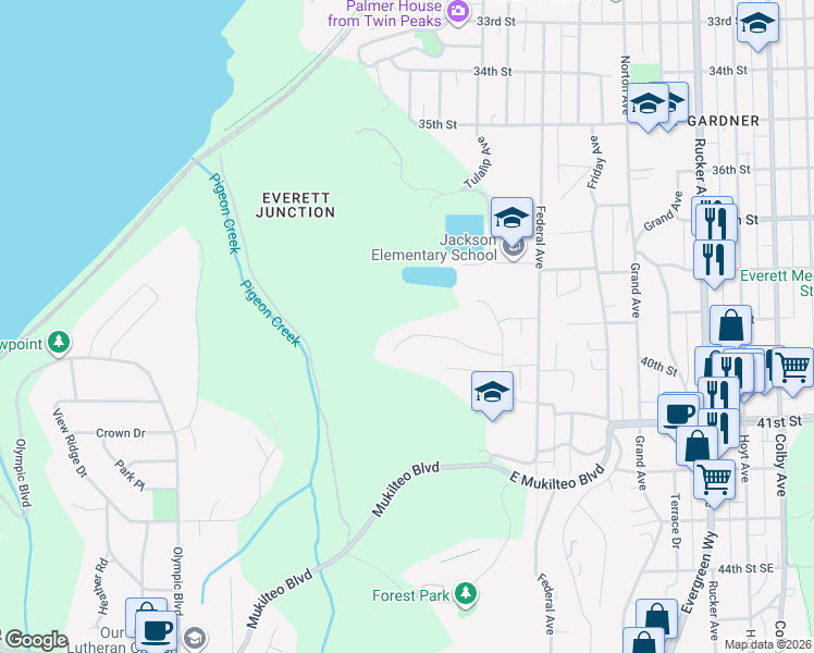 map of restaurants, bars, coffee shops, grocery stores, and more near 613 40th Place in Everett