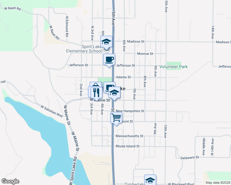 map of restaurants, bars, coffee shops, grocery stores, and more near 6087 West Maine Street in Spirit Lake
