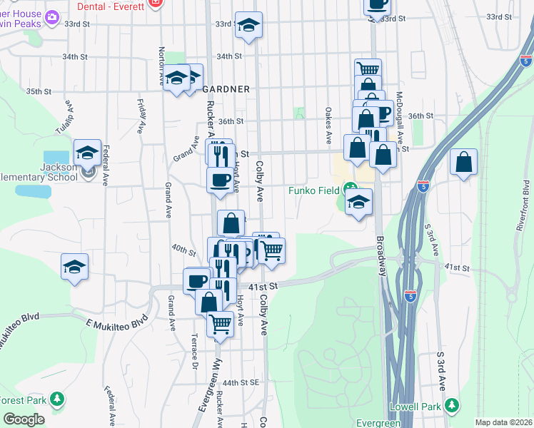 map of restaurants, bars, coffee shops, grocery stores, and more near 3912 Colby Avenue in Everett