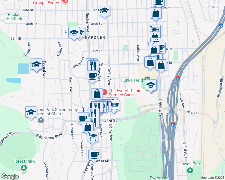 map of restaurants, bars, coffee shops, grocery stores, and more near 3912 Colby Avenue in Everett