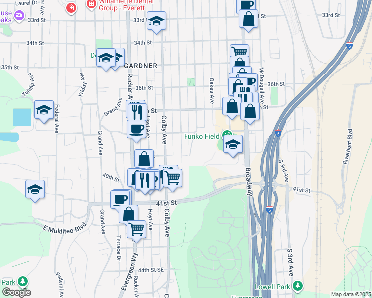 map of restaurants, bars, coffee shops, grocery stores, and more near 3805 Wetmore Avenue in Everett