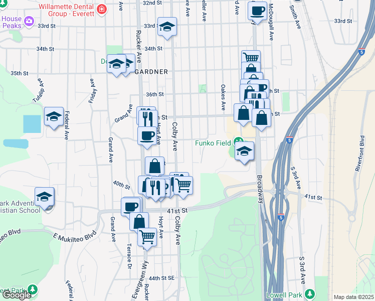 map of restaurants, bars, coffee shops, grocery stores, and more near 3805 Wetmore Avenue in Everett