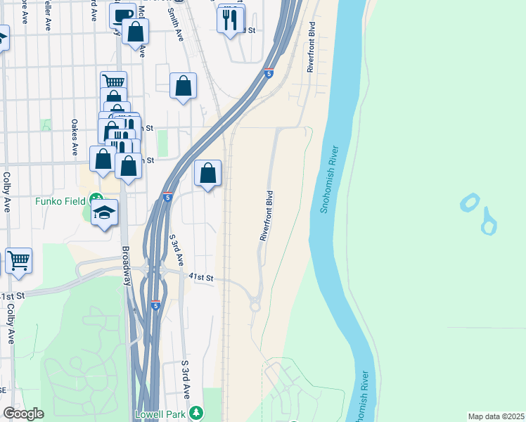 map of restaurants, bars, coffee shops, grocery stores, and more near 3810 Riverfront Boulevard in Everett