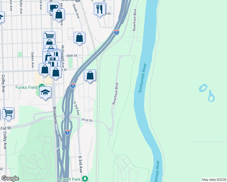 map of restaurants, bars, coffee shops, grocery stores, and more near 3810 Riverfront Boulevard in Everett