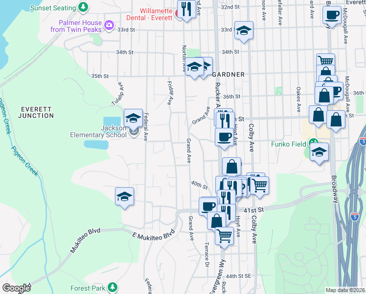 map of restaurants, bars, coffee shops, grocery stores, and more near 3802 Grand Avenue in Everett