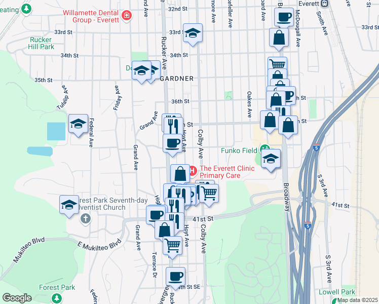 map of restaurants, bars, coffee shops, grocery stores, and more near 3805 Hoyt Avenue in Everett