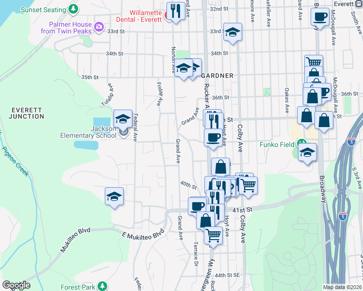 map of restaurants, bars, coffee shops, grocery stores, and more near 3802 Grand Avenue in Everett