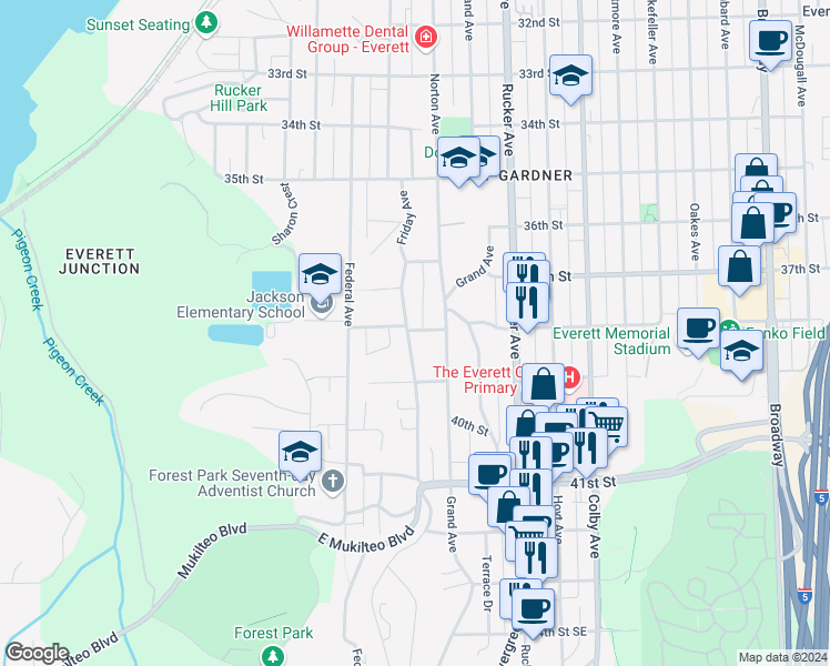 map of restaurants, bars, coffee shops, grocery stores, and more near 3801 Friday Avenue in Everett
