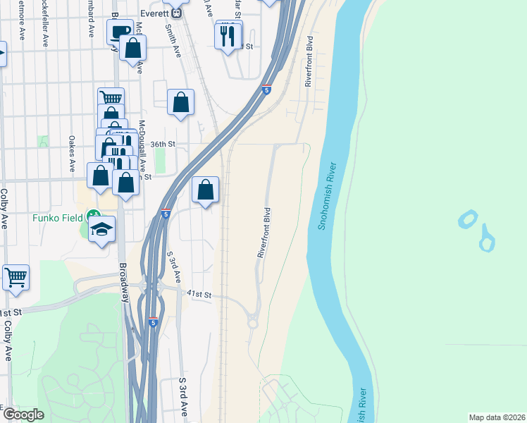 map of restaurants, bars, coffee shops, grocery stores, and more near 2732 36th Street in Everett