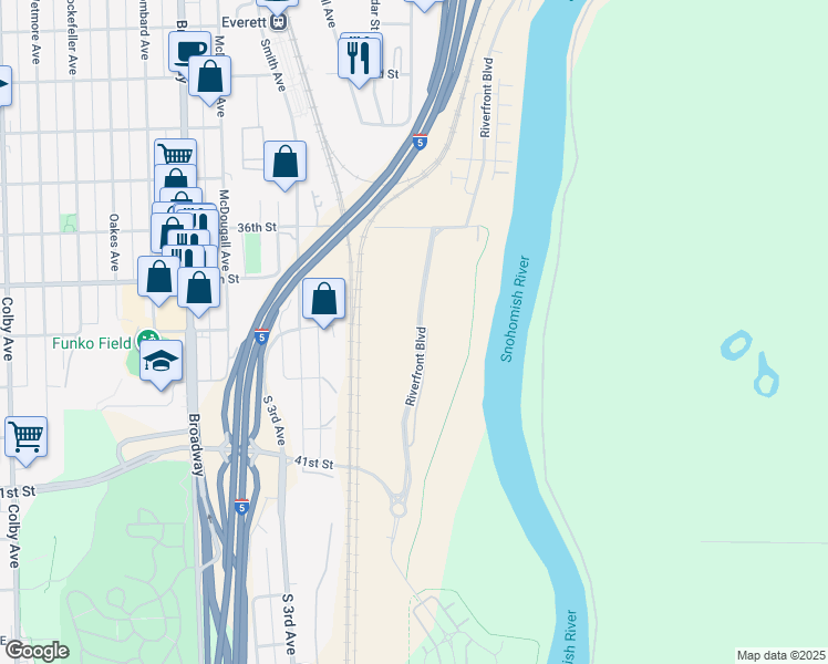 map of restaurants, bars, coffee shops, grocery stores, and more near 2732 36th Street in Everett