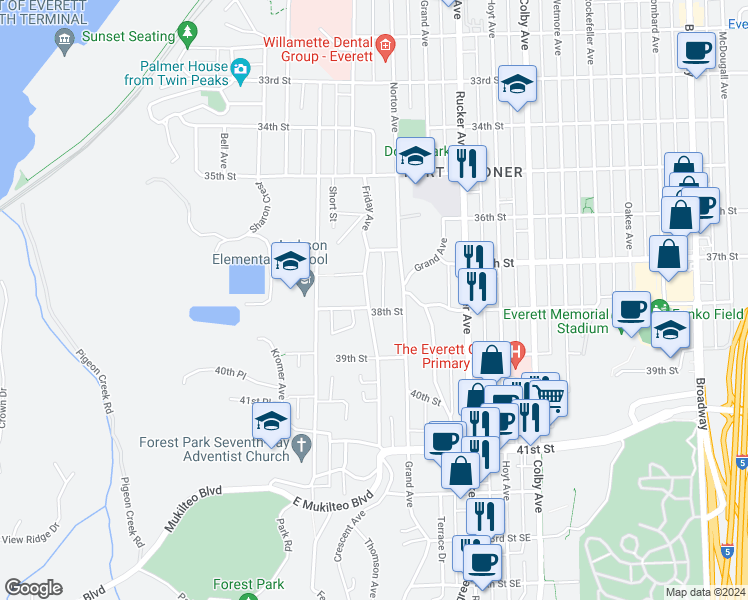 map of restaurants, bars, coffee shops, grocery stores, and more near 3719 Friday Avenue in Everett