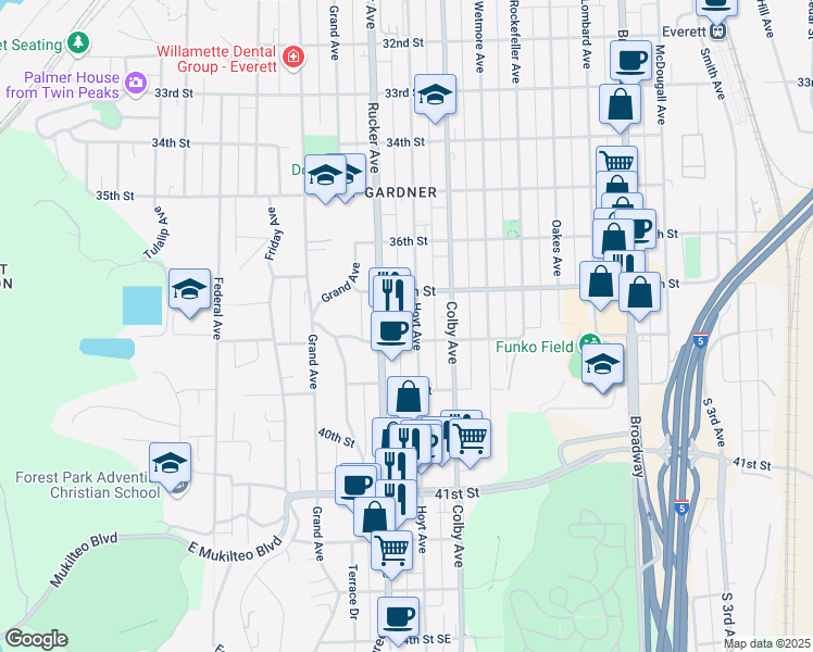 map of restaurants, bars, coffee shops, grocery stores, and more near 3805 Hoyt Avenue in Everett