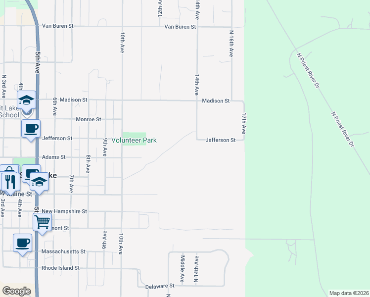 map of restaurants, bars, coffee shops, grocery stores, and more near 5183 Jefferson Street in Spirit Lake