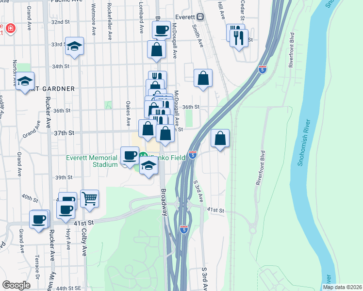 map of restaurants, bars, coffee shops, grocery stores, and more near 2210 37th Street in Everett