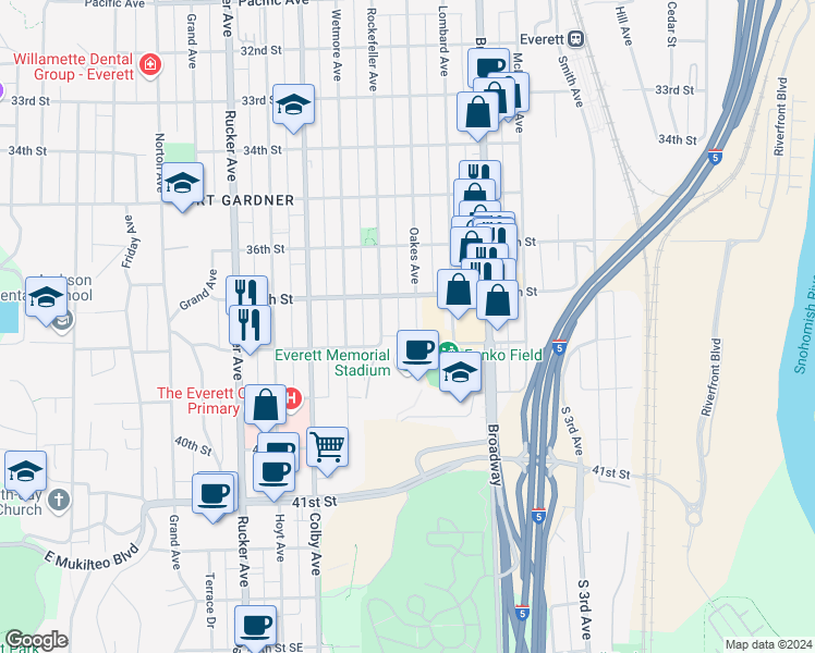 map of restaurants, bars, coffee shops, grocery stores, and more near 3701 Rockefeller Avenue in Everett