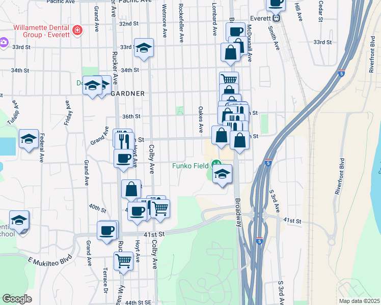 map of restaurants, bars, coffee shops, grocery stores, and more near 3701 Rockefeller Avenue in Everett