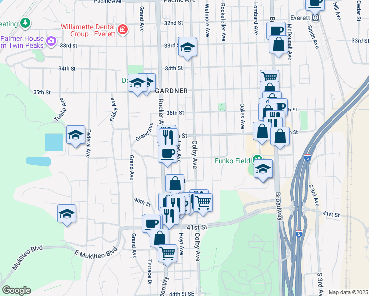 map of restaurants, bars, coffee shops, grocery stores, and more near 3701 Hoyt Avenue in Everett