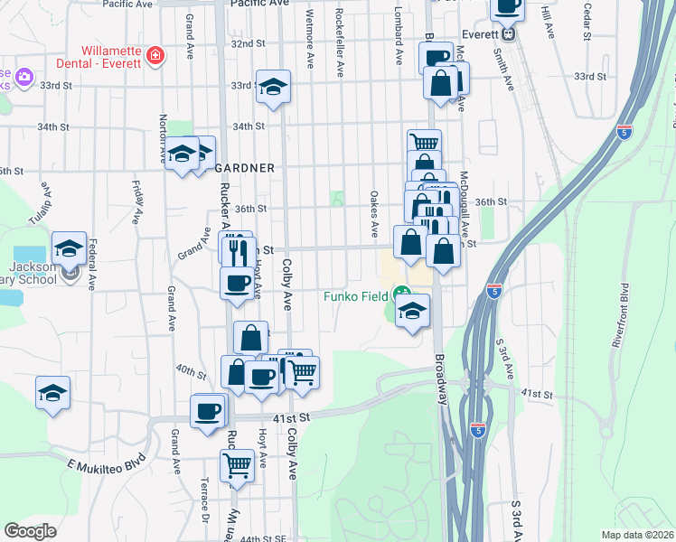 map of restaurants, bars, coffee shops, grocery stores, and more near 3718 Rockefeller Avenue in Everett