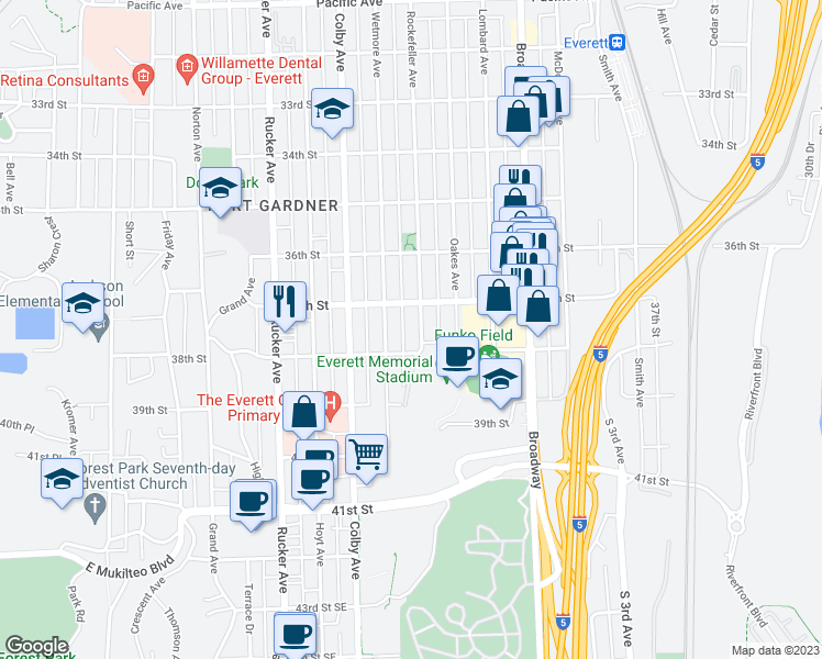 map of restaurants, bars, coffee shops, grocery stores, and more near 3718 Rockefeller Avenue in Everett