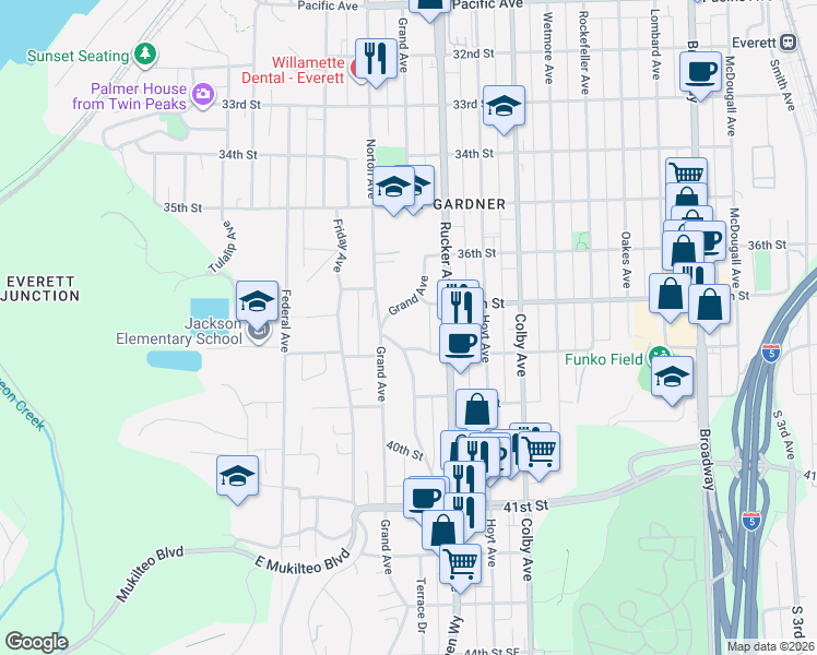 map of restaurants, bars, coffee shops, grocery stores, and more near 1318 37th Street in Everett