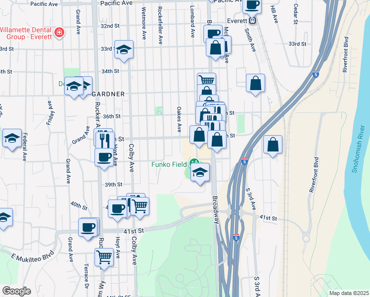 map of restaurants, bars, coffee shops, grocery stores, and more near 3715 Oakes Avenue in Everett
