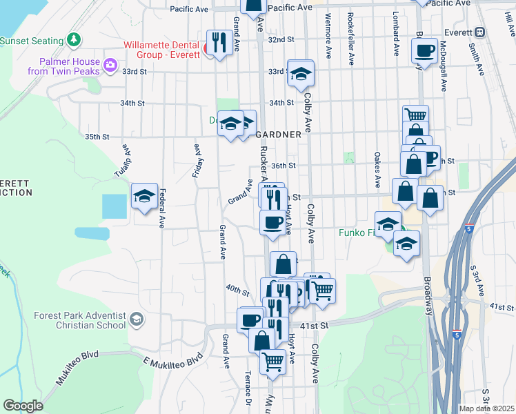 map of restaurants, bars, coffee shops, grocery stores, and more near in Everett
