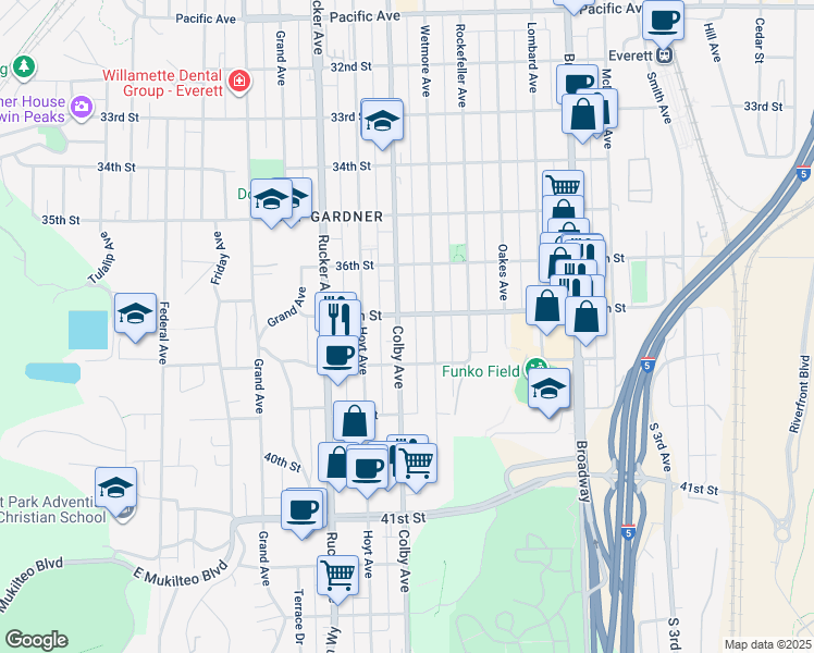 map of restaurants, bars, coffee shops, grocery stores, and more near 3705 Colby Avenue in Everett