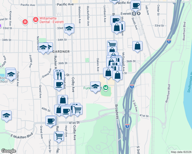 map of restaurants, bars, coffee shops, grocery stores, and more near 3701 Rockefeller Avenue in Everett