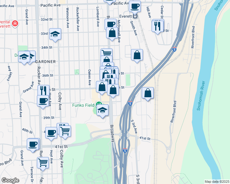 map of restaurants, bars, coffee shops, grocery stores, and more near 2110 37th Street in Everett