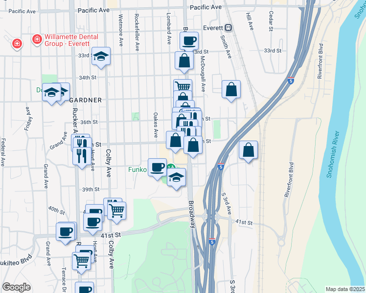 map of restaurants, bars, coffee shops, grocery stores, and more near 3702 Broadway in Everett