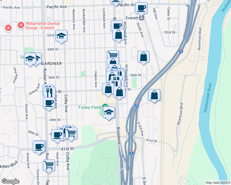 map of restaurants, bars, coffee shops, grocery stores, and more near 3702 Broadway in Everett