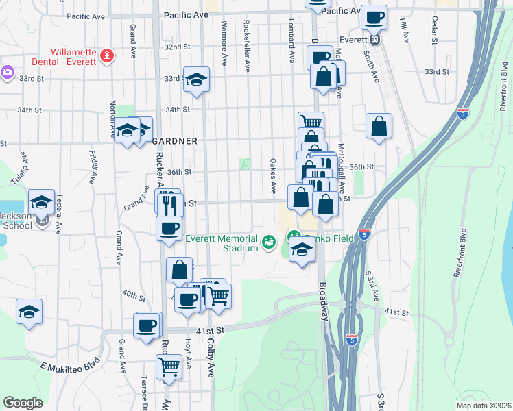 map of restaurants, bars, coffee shops, grocery stores, and more near 3701 Rockefeller Avenue in Everett