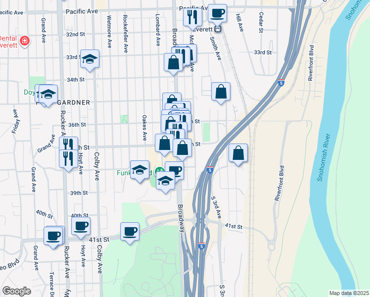 map of restaurants, bars, coffee shops, grocery stores, and more near 2110 37th Street in Everett