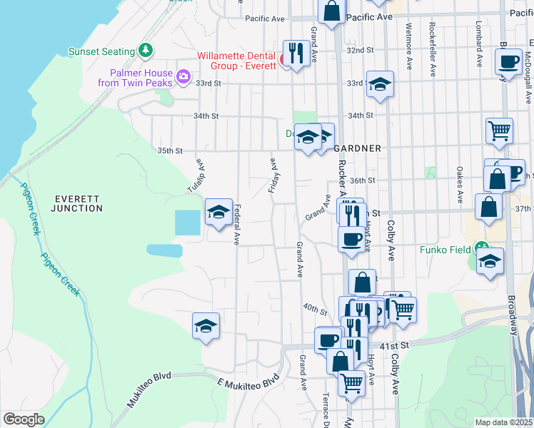 map of restaurants, bars, coffee shops, grocery stores, and more near 3616 Friday Avenue in Everett