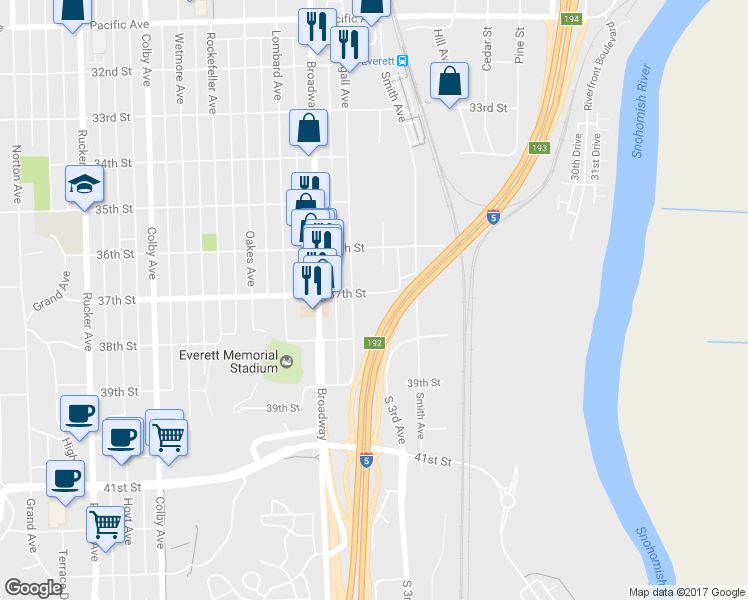 map of restaurants, bars, coffee shops, grocery stores, and more near 2210 37th St in Everett