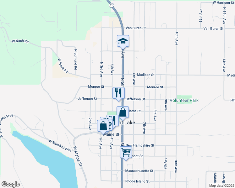 map of restaurants, bars, coffee shops, grocery stores, and more near 6174 Jefferson Street in Spirit Lake