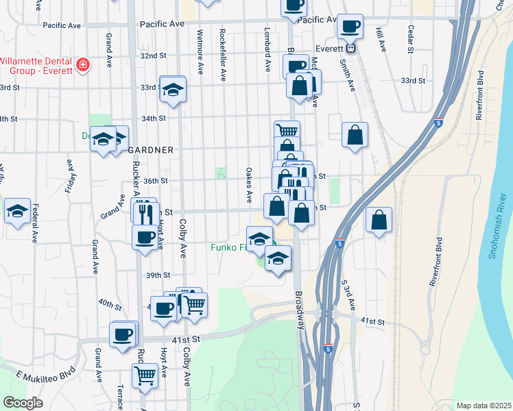 map of restaurants, bars, coffee shops, grocery stores, and more near 3715 Oakes Avenue in Everett