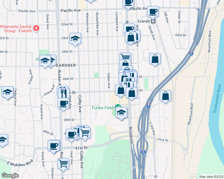 map of restaurants, bars, coffee shops, grocery stores, and more near 3715 Oakes Avenue in Everett