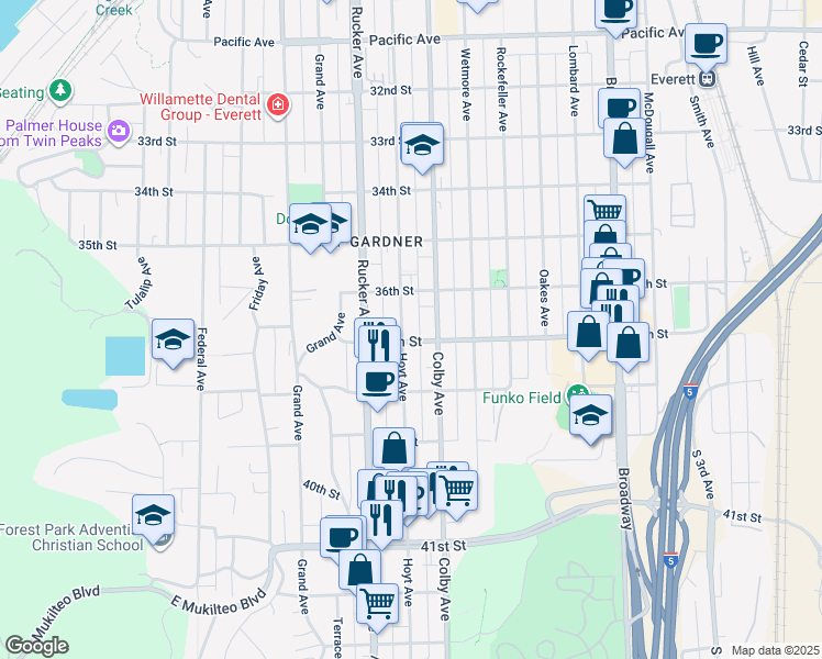 map of restaurants, bars, coffee shops, grocery stores, and more near 3625 Hoyt Avenue in Everett