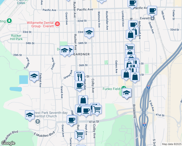 map of restaurants, bars, coffee shops, grocery stores, and more near 3624 Colby Avenue in Everett