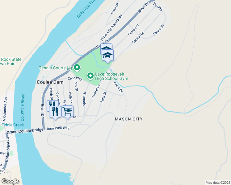map of restaurants, bars, coffee shops, grocery stores, and more near 1000 Civic Way in Coulee Dam