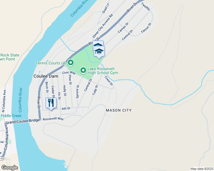 map of restaurants, bars, coffee shops, grocery stores, and more near 1000 Civic Way in Coulee Dam