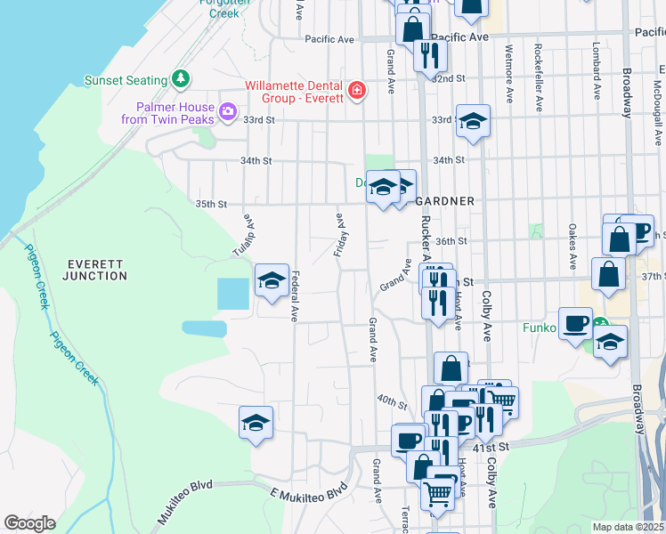 map of restaurants, bars, coffee shops, grocery stores, and more near 3616 Friday Avenue in Everett