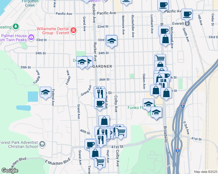 map of restaurants, bars, coffee shops, grocery stores, and more near 3701 Hoyt Avenue in Everett