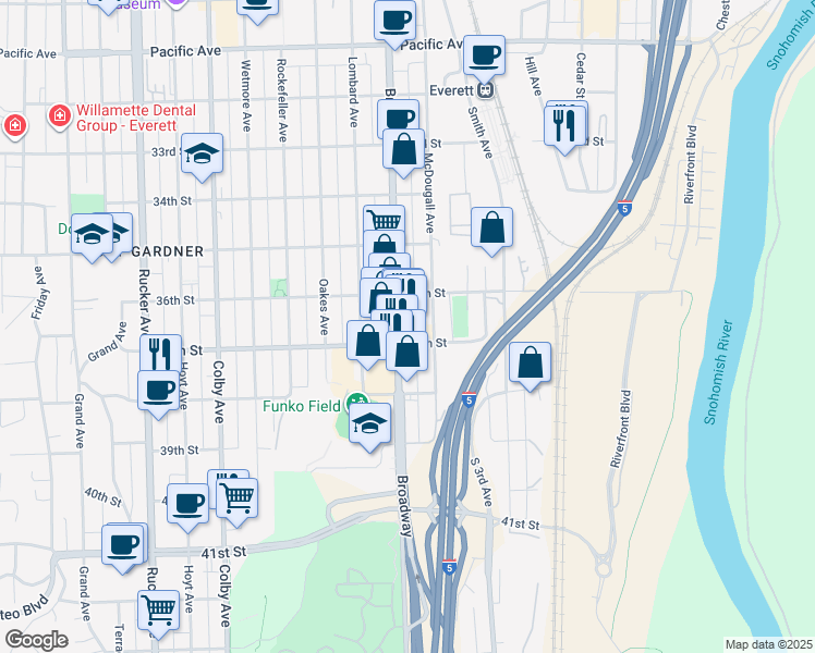 map of restaurants, bars, coffee shops, grocery stores, and more near 2110 37th Street in Everett