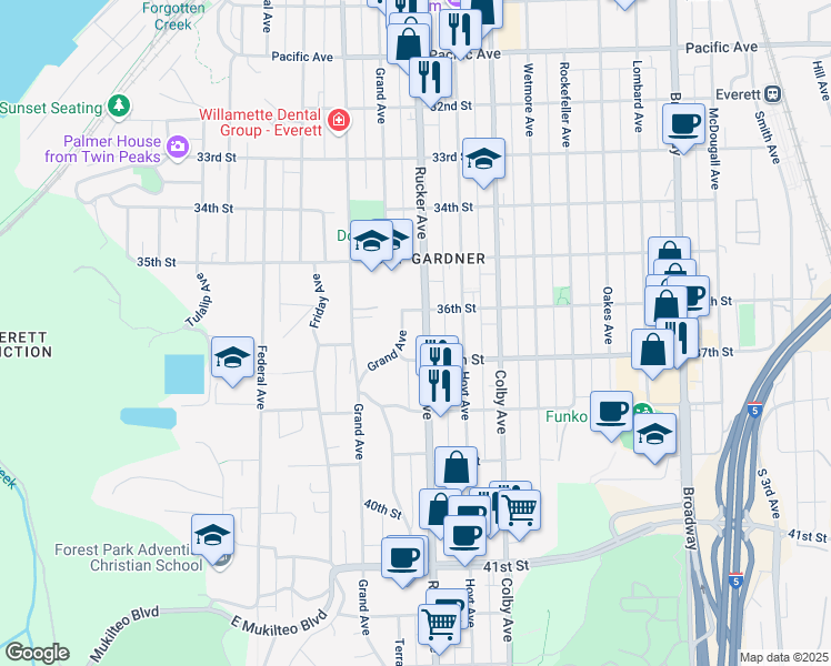 map of restaurants, bars, coffee shops, grocery stores, and more near 3531 Rucker Avenue in Everett